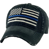 Patriotic Blue Line Law Enforcement Police Flag Distressed Adjustable Black Dad Hat